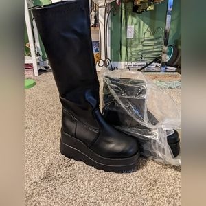 zip up faux leather platform knee high boots